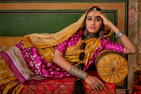 Mustard Yellow Silk Saree with Delicate White Floral and Geometric Patterns - Perfect for Festive Occasions