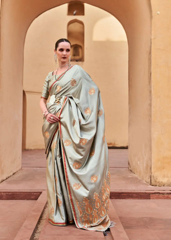 Grey Pure Satin With Copper Zari Weaving Saree