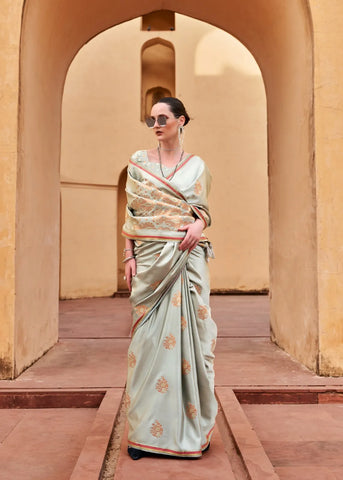 Grey Pure Satin With Copper Zari Weaving Saree