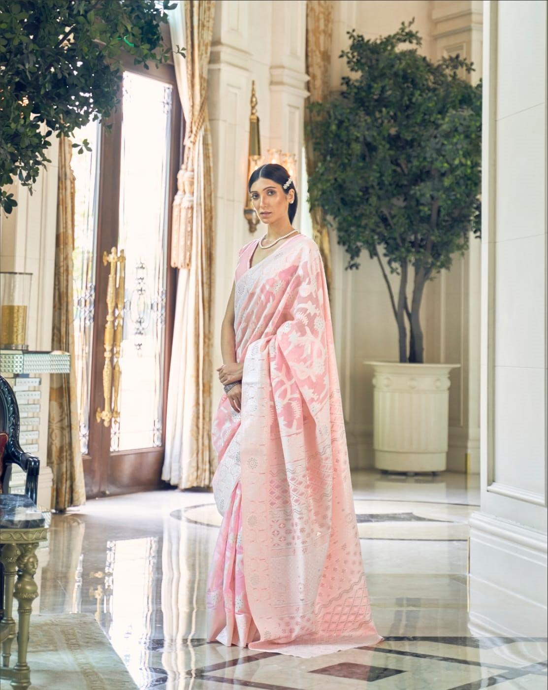 Elegant Pink  Partywear Woven Chanderi Saree | Lucknowi Handloom Weaving